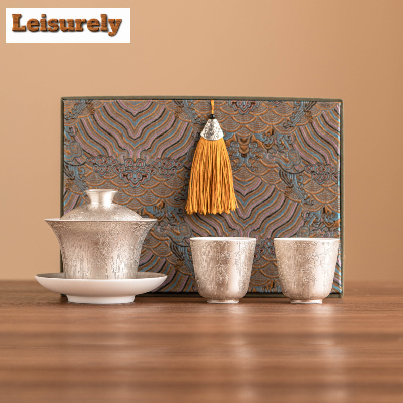 Korean Tea Set - Luxury 999 Gilded Silver Green Bamboo