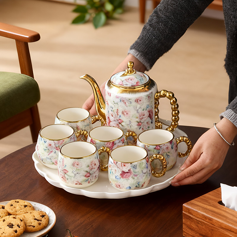 Korean Tea Set - Luxury European Floral Gold Trim Ceramic